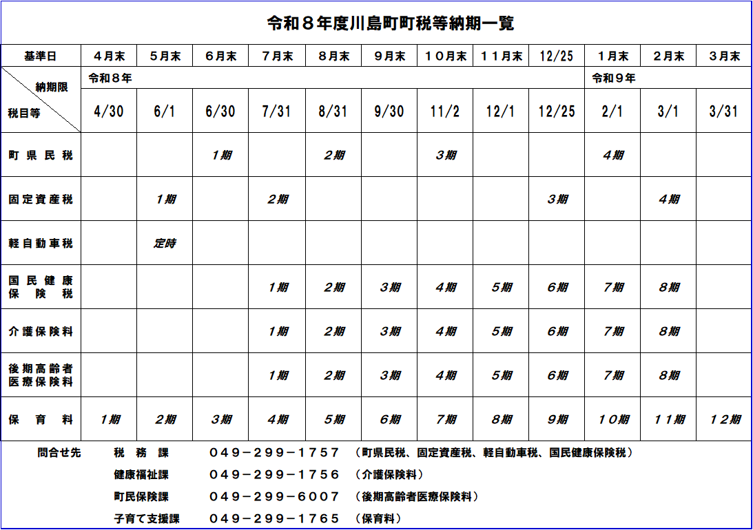 令和8年度町税等納期一覧