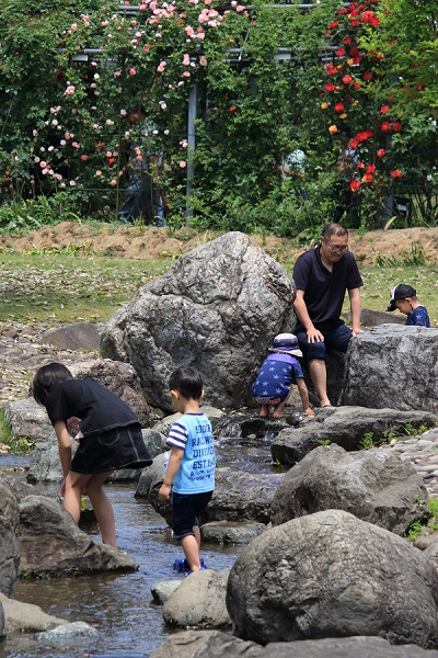 平成の森公園（滝の流れ付近で遊ぶ子どもたち）